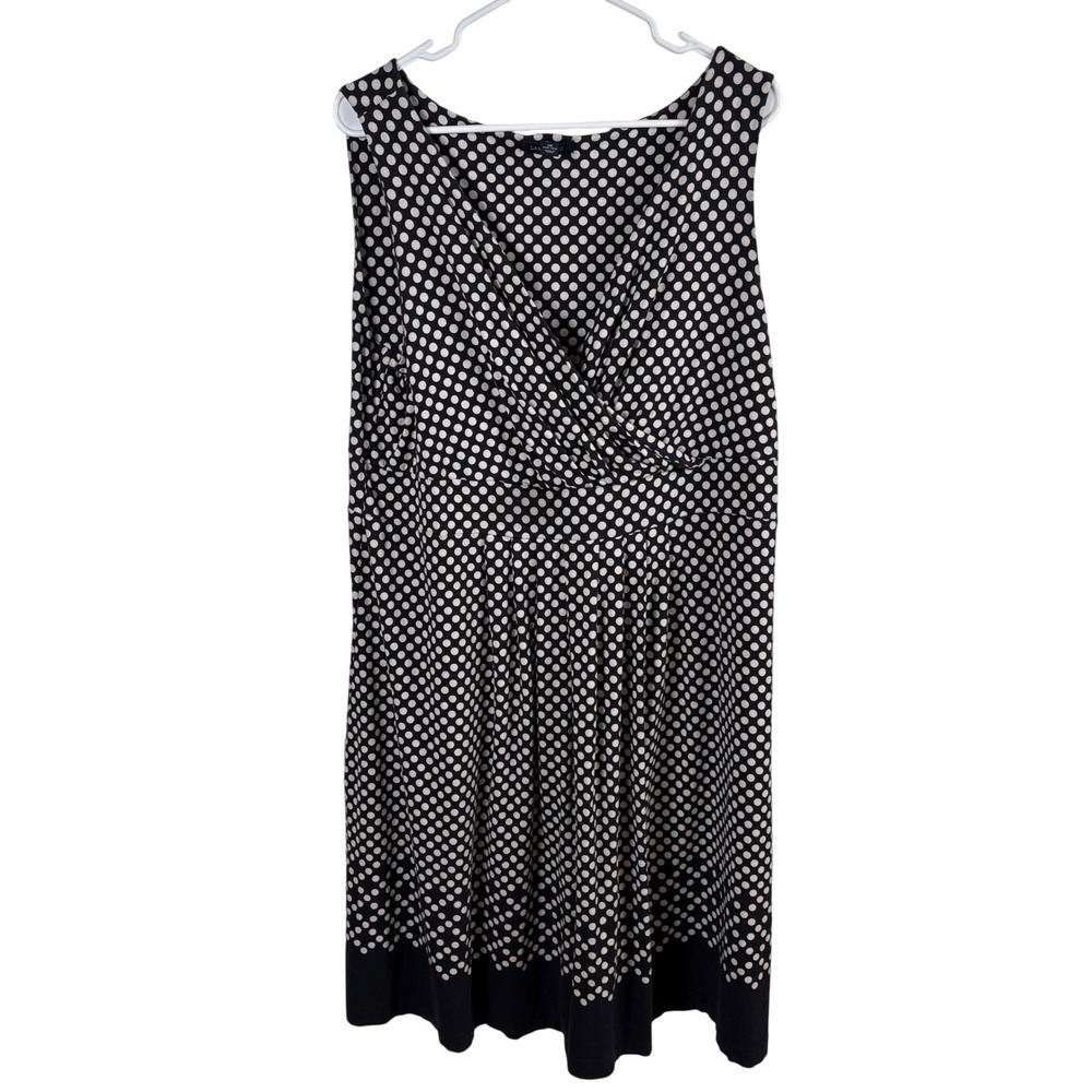 Lands End Dress Womens 1X Black White Polka Dot Surplice Faux Wrap Fit Flare